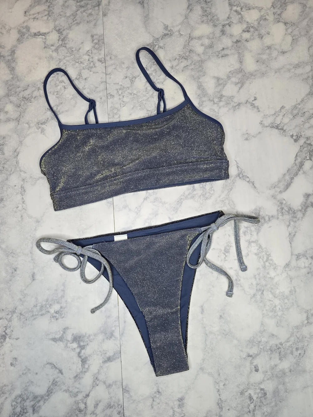 aerie Sparkle Blue Bikini Set Straight Scoop Top Cheekiest Bottoms Small